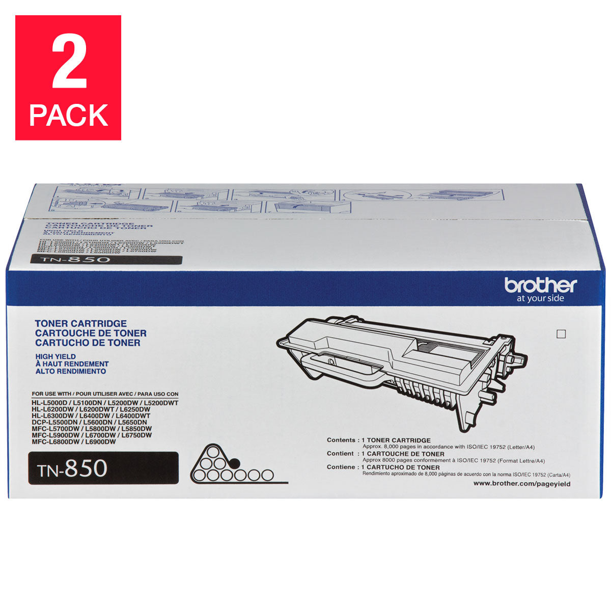 TN850 High-Yield Toner Cartridge, Black, 2-Pack with Bonus Ream of Paper