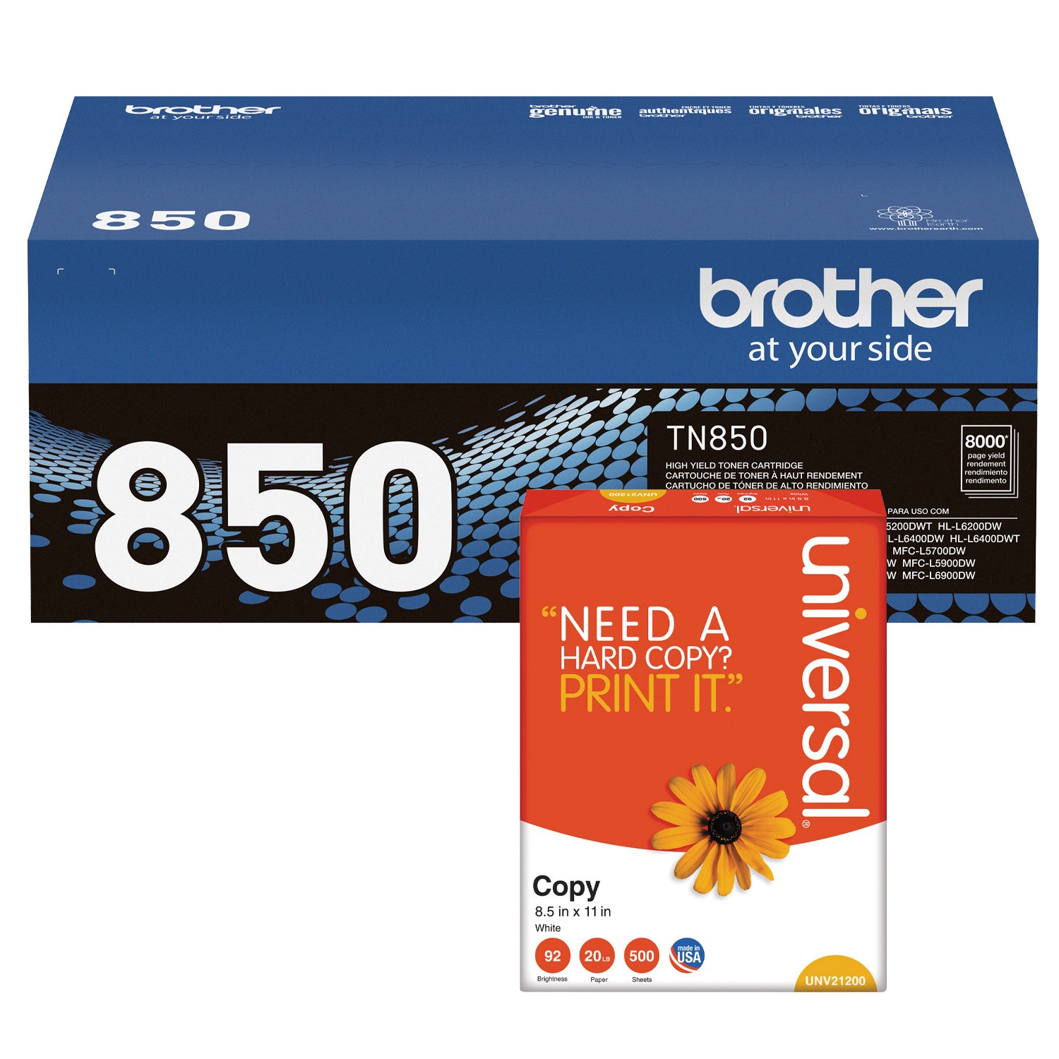 TN850 High-Yield Toner Cartridge, Black, 2-Pack with Bonus Ream of Paper