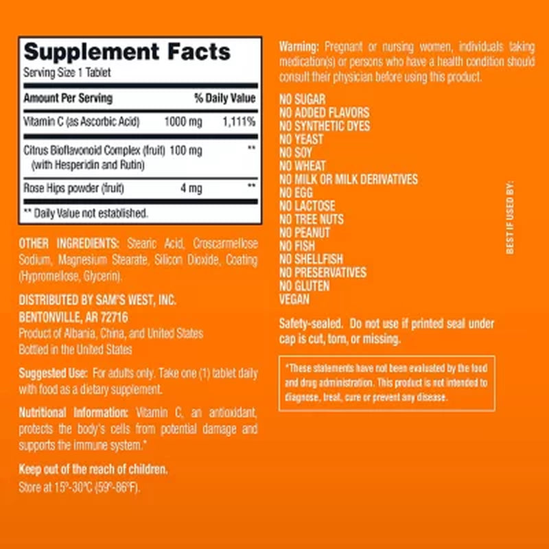 Member'S Mark Vitamin C plus Citrus Bioflavonoids & Rose Hips Tablets, 1000Mg, 500 Ct.