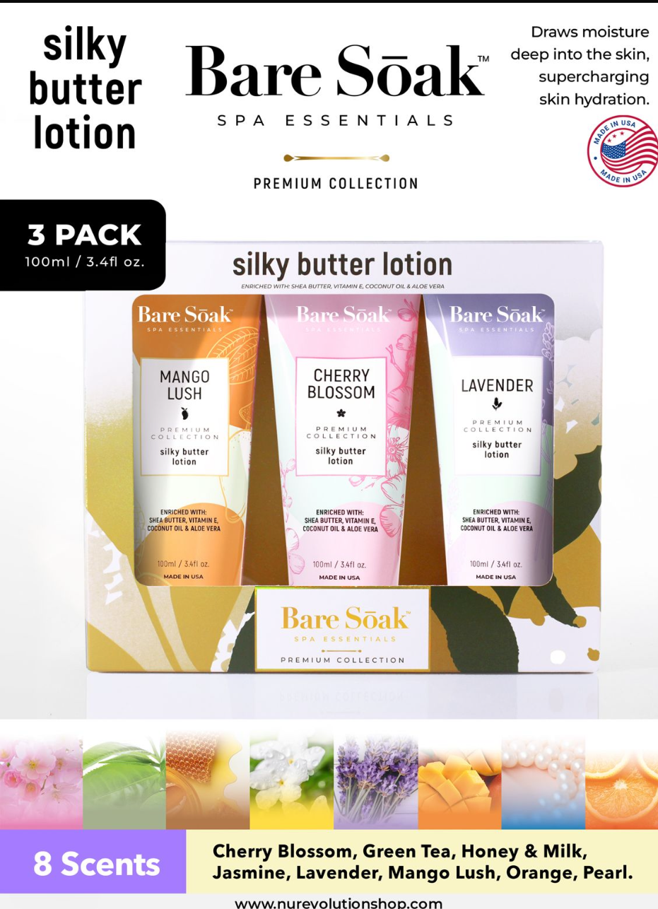 Sữa dưỡng thể Bare Soak Silky Butter cho tay và chân - Giàu bơ hạt mỡ, lô hội và vitamin E - Dưỡng ẩm, cấp nước, chăm sóc da, giảm khô da. Gói 3