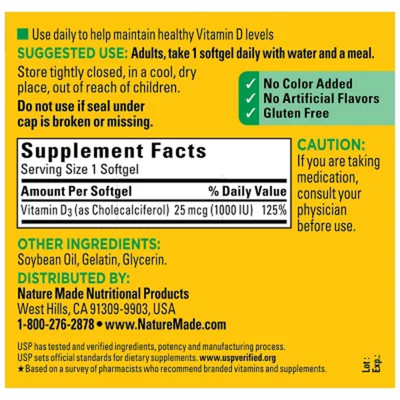 Nature Made Vitamin D 1000 IU Softgels, 650 Ct.