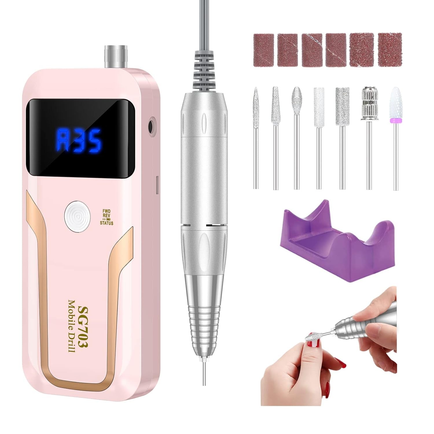 Portable Nail Drill Professional 35000 RPM,  Rechargeable Electric Nail File Machine E File for Acrylic Gel Polishing Removing, Cordless E-File with Bits Kit for Manicure Salon Home,Pink
