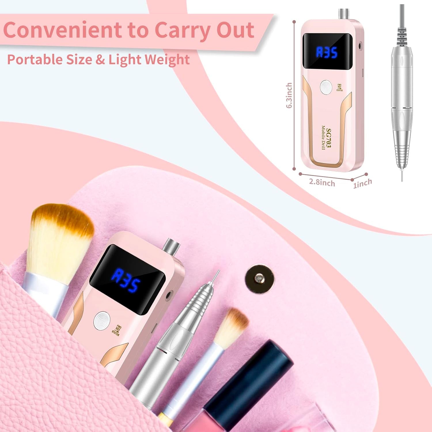 Portable Nail Drill Professional 35000 RPM,  Rechargeable Electric Nail File Machine E File for Acrylic Gel Polishing Removing, Cordless E-File with Bits Kit for Manicure Salon Home,Pink