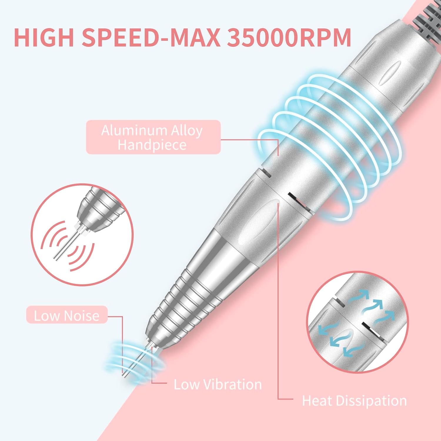 Portable Nail Drill Professional 35000 RPM,  Rechargeable Electric Nail File Machine E File for Acrylic Gel Polishing Removing, Cordless E-File with Bits Kit for Manicure Salon Home,Pink