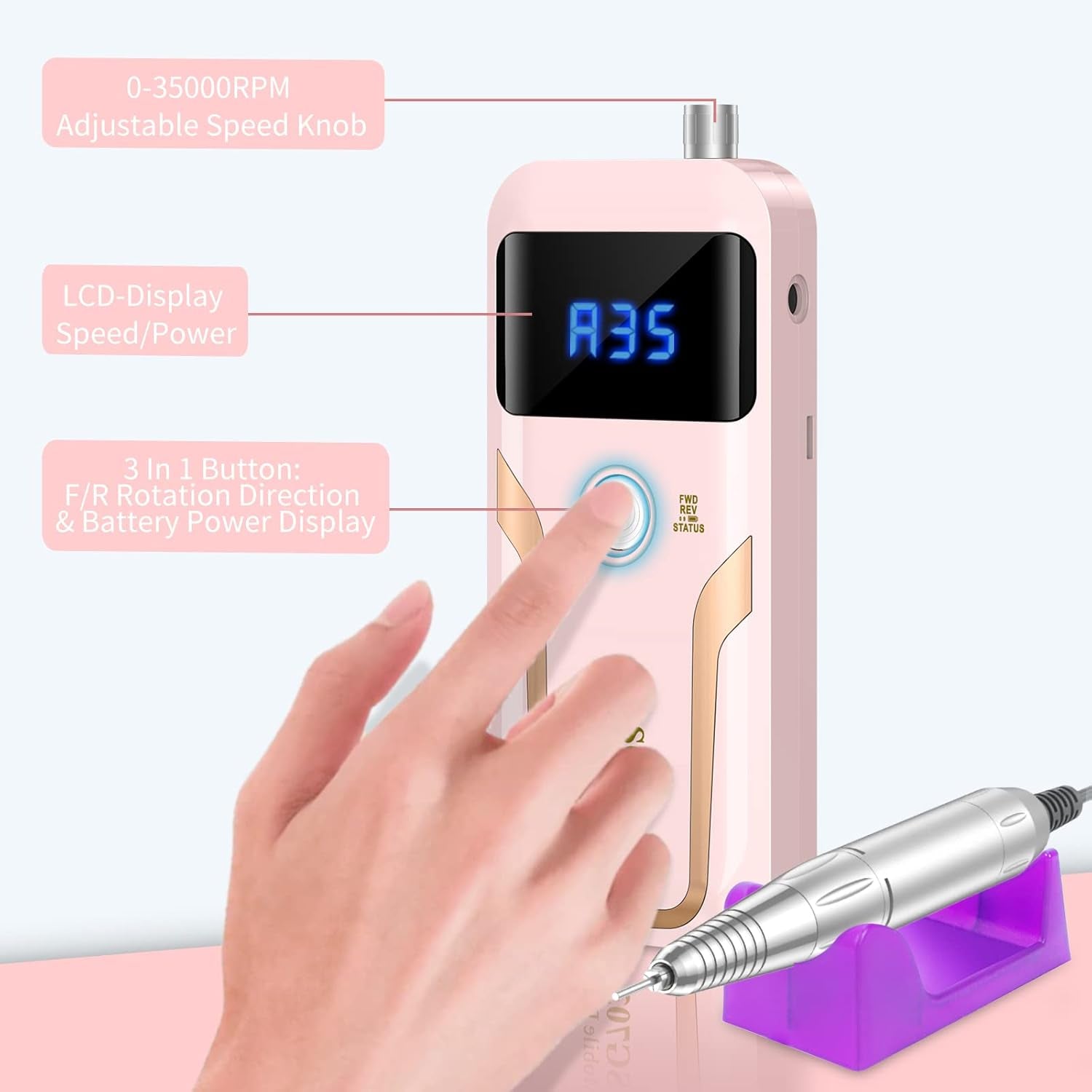Portable Nail Drill Professional 35000 RPM,  Rechargeable Electric Nail File Machine E File for Acrylic Gel Polishing Removing, Cordless E-File with Bits Kit for Manicure Salon Home,Pink