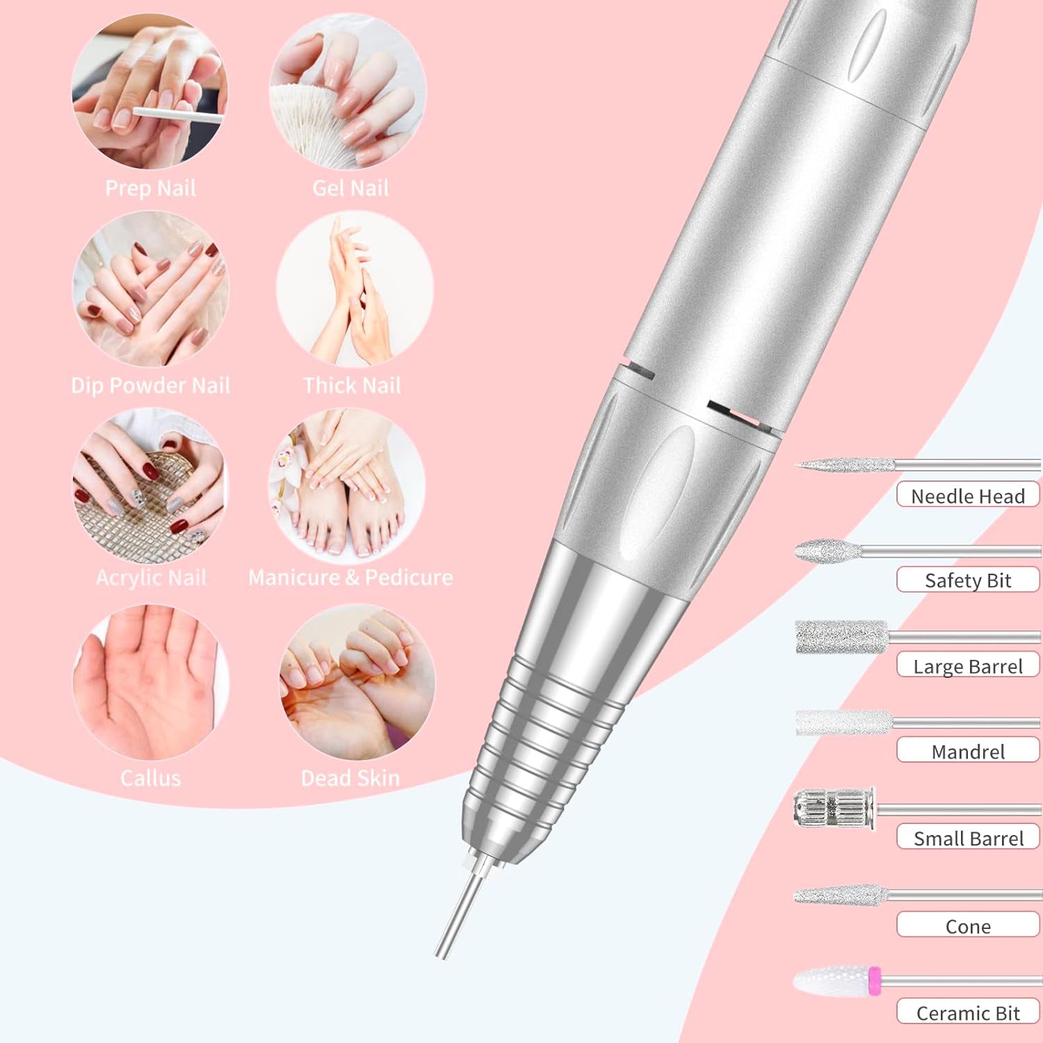 Portable Nail Drill Professional 35000 RPM,  Rechargeable Electric Nail File Machine E File for Acrylic Gel Polishing Removing, Cordless E-File with Bits Kit for Manicure Salon Home,Pink
