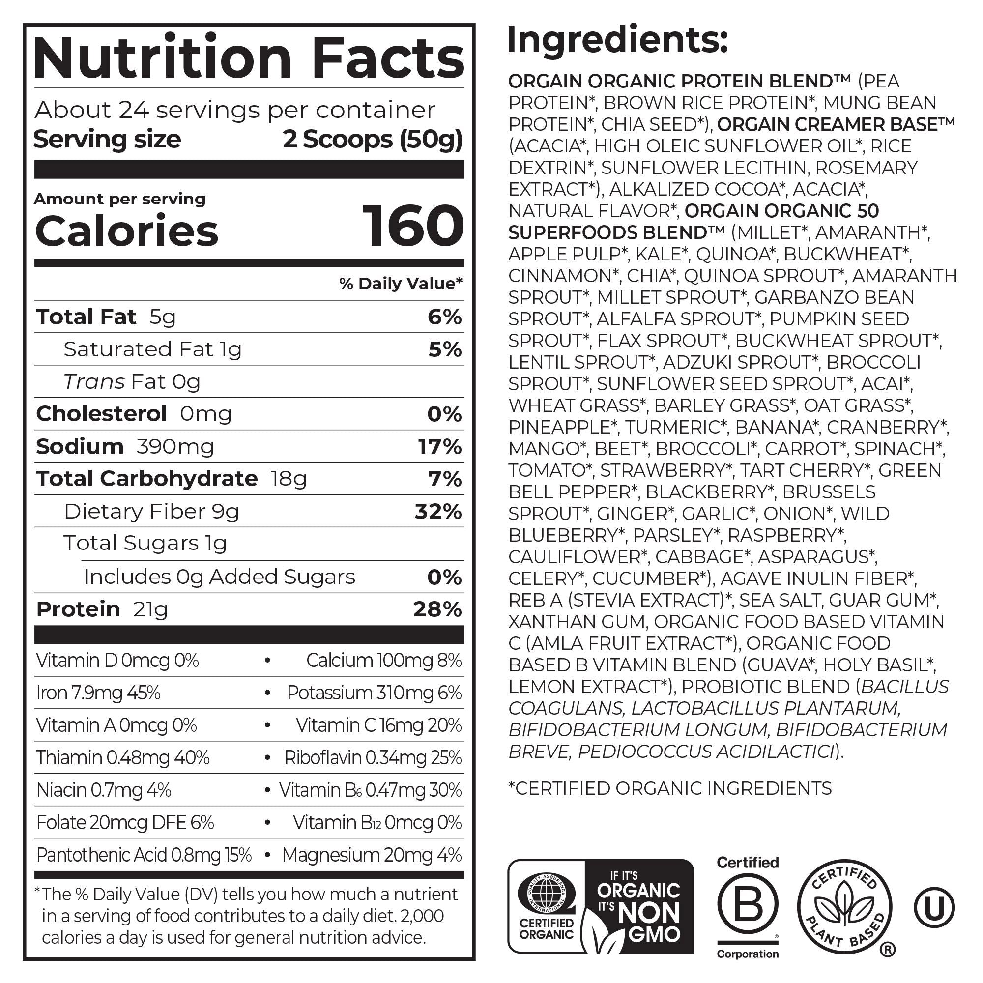 Organic Protein and Superfoods Plant Based Protein Powder, Creamy Chocolate Fudge, 2.64 Lbs