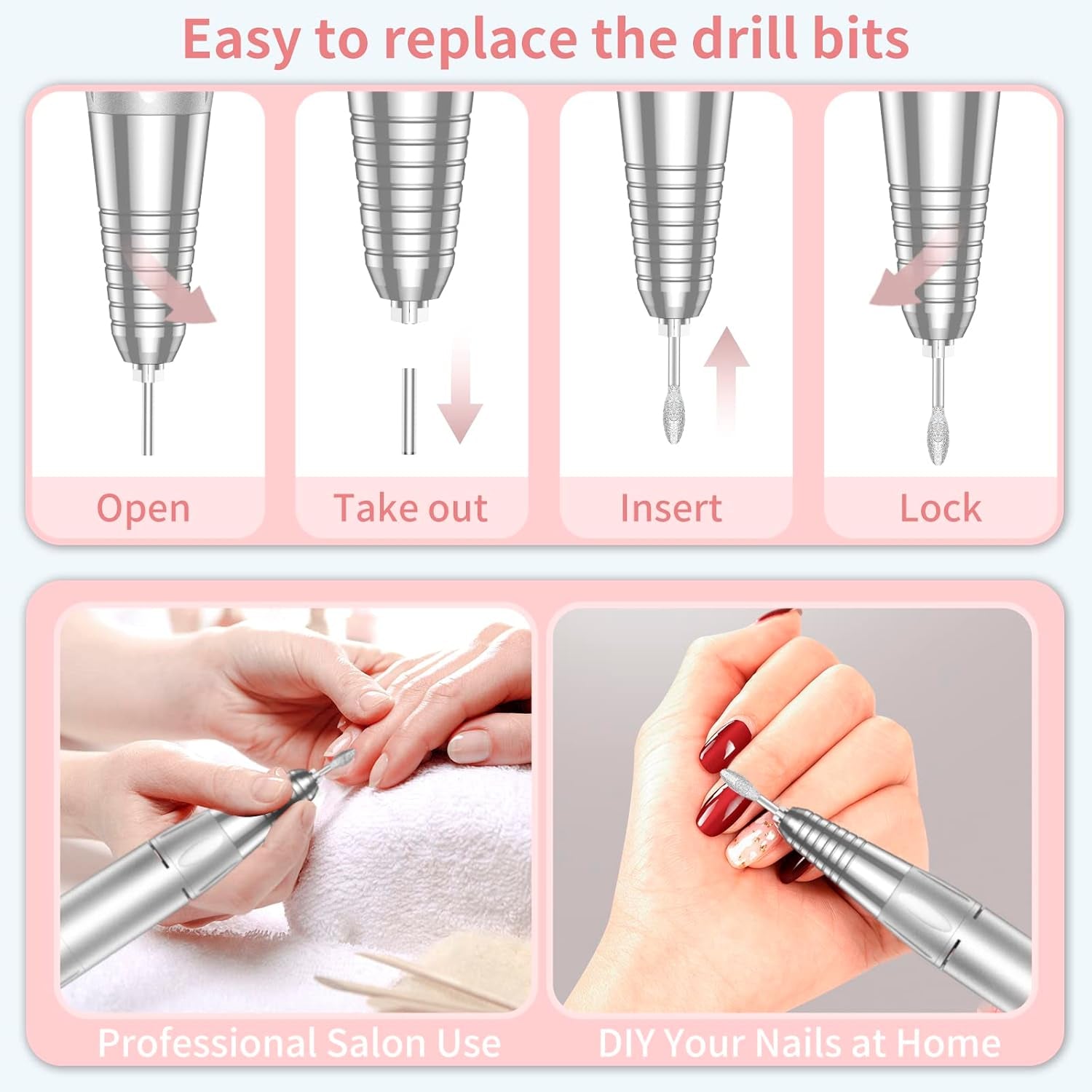 Portable Nail Drill Professional 35000 RPM,  Rechargeable Electric Nail File Machine E File for Acrylic Gel Polishing Removing, Cordless E-File with Bits Kit for Manicure Salon Home,Pink