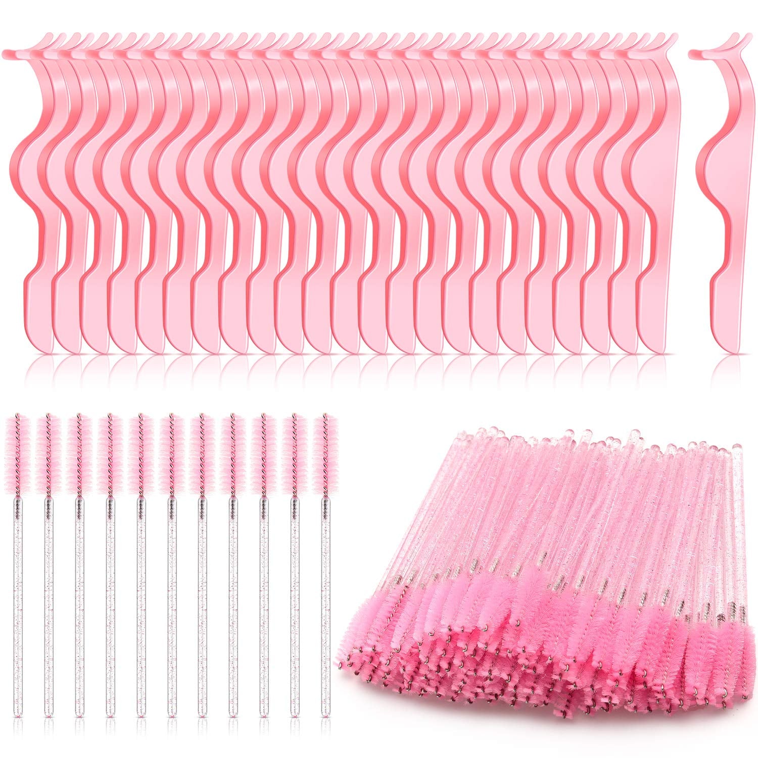 24Pc Plastic Eyelash Extension Tweezers & 100Pc Eyelash Brush Mascara Wands Applicator (Pink)