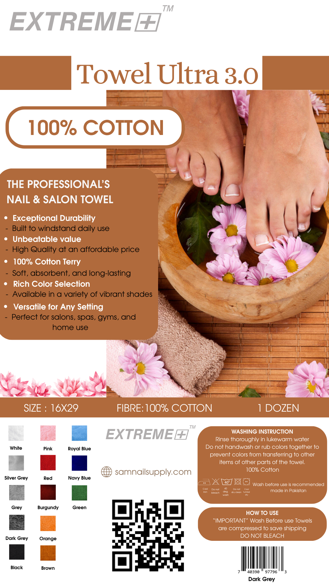 Khăn tắm cotton 100% Extreme+ - Xám đậm 16x29 - Gói 12 chiếc (3 pound)